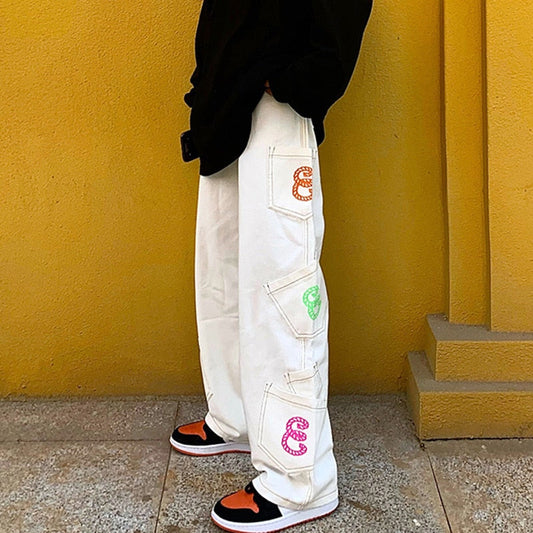 Bonsir Retro Pocket Letter Print Straight Cargo Pants Men and Women Oversize Jeans Trousers Harajuku Streetwear Casual Denim Trousers