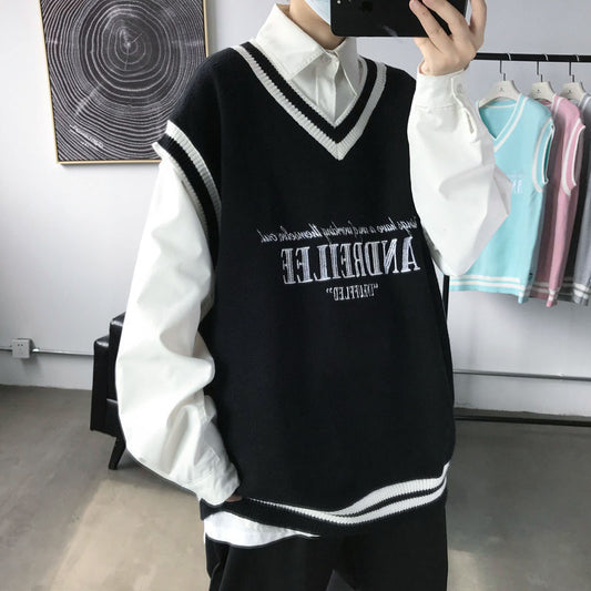 sanyamk Fashion V-neck Plush College Style Mens Vintage Knitted Vest Trend Harajuku Hip Hop Casual Loose Black Couple Knitted Sweater