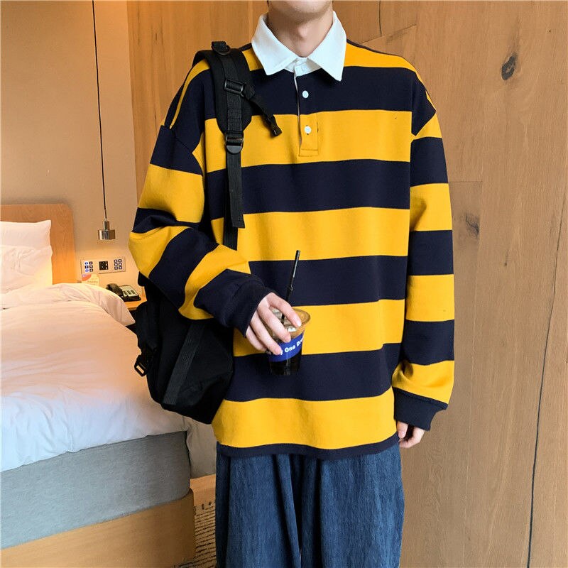 Bonsir Autumn Lapel Hoodie Men's Fashion Hit Color Casual Striped Hoodies Mens Streetwear Loose Hip-hop Pullover Sweatshirt Men Hoody