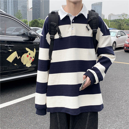 Bonsir Autumn Lapel Hoodie Men's Fashion Hit Color Casual Striped Hoodies Mens Streetwear Loose Hip-hop Pullover Sweatshirt Men Hoody