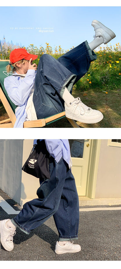 sanyamk Mens Straight Baggy Jeans Harem Pants Men Denim Jeans for Teens Trousers Korean Fashion Male Trendy Streetwear Drawstring Pants