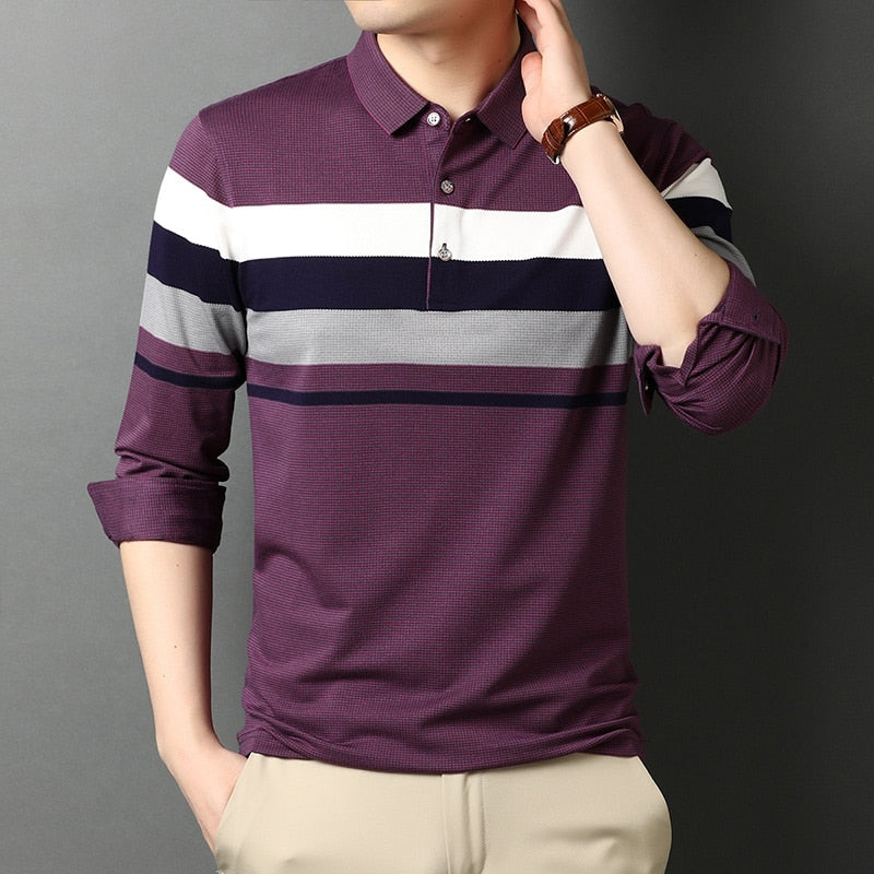 sanyamk Top Quality New Fashion Brand Striped Casual Plain Designer Long Sleeves Man Stretch Polo Shirt Korean Tops Men Clothes