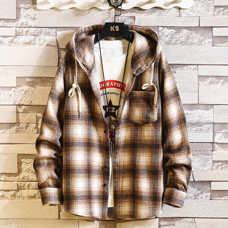 sanyamk Plaid Style Autumn Spring 2023 With Hoodie Men‘s Hip Hop Punk Shirt Flannel Casual Fashion Clothes