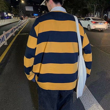 sanyamk Spring Autumn Men Striped Lapel T-shirt Trend Polo Collar Loose Long-sleeved Tshirts Ins All-match Pullover Tees British Gentle