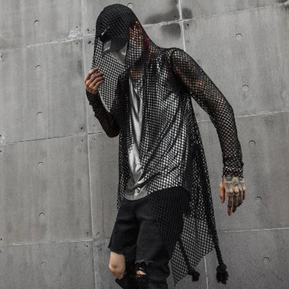 sanyamk Nightclub DJ singer sexy mesh hip hop punk rock t shirt long tops with waist rope mens harajuku gothic hooded tee shirts cloak