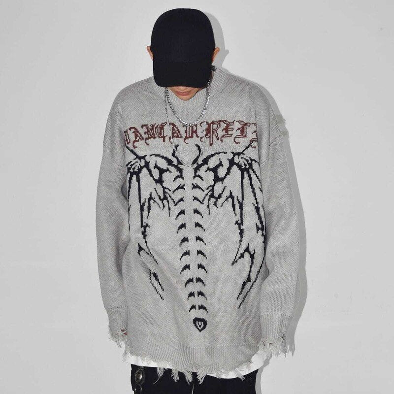 sanyamk Punk Gothic Wings Pattern Embroidery Destruction Style Oversized Sweater women Y2k Street Hip Hop Crew Neck Sweater Couple