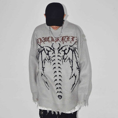 Bonsir Punk Gothic Wings Pattern Embroidery Destruction Style Oversized Sweater women Y2k Street Hip Hop Crew Neck Sweater Couple