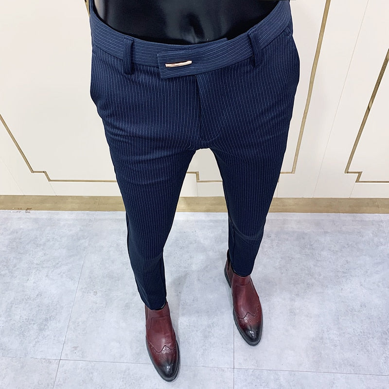 Chic Striped Navy Blue Pants Men Elegant Slim Fit Tight-ankle Suit Trousers Pants For Men Office Party Trousers Mens Dress Pants