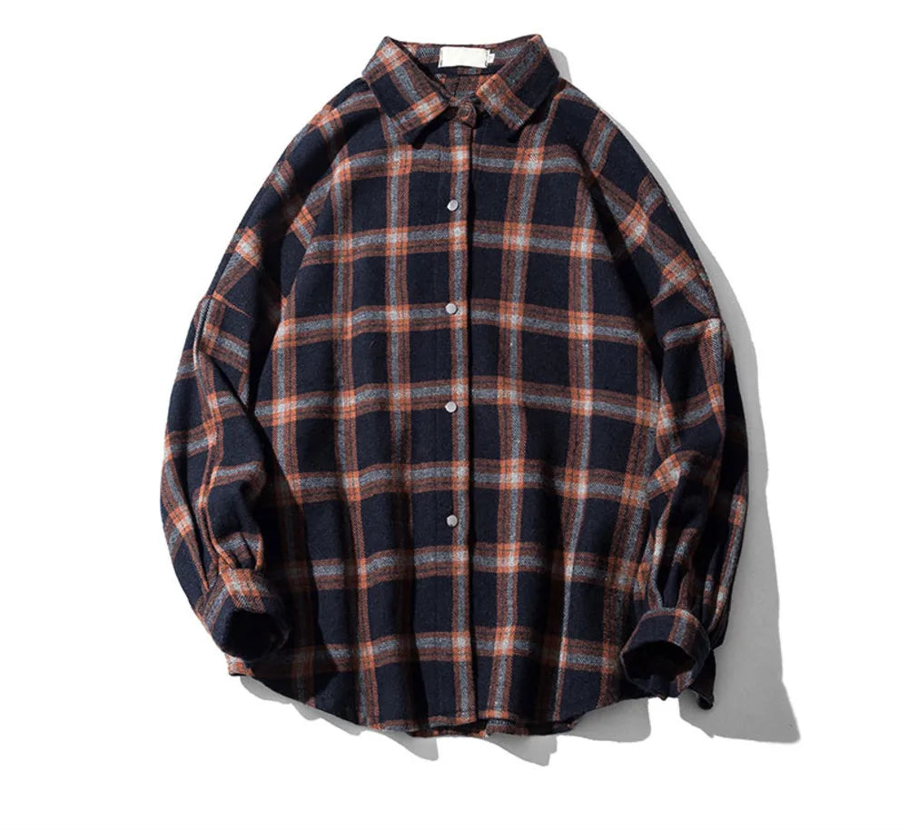 Bonsir Harajuku Block Plaid Block Men's Men Streetwear Men's Thick, Manly Sleeve Shirts of Vintage Korean Fashion Clothes