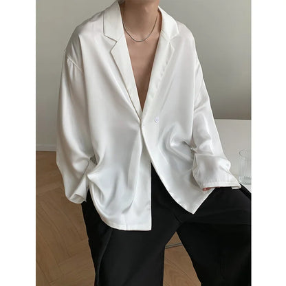 sanyamk Summer Black White Silk Blazer Men's Fashion Business Society Mens Suit Jacket Korean Loose Casual Dress Jacket Men M-XL