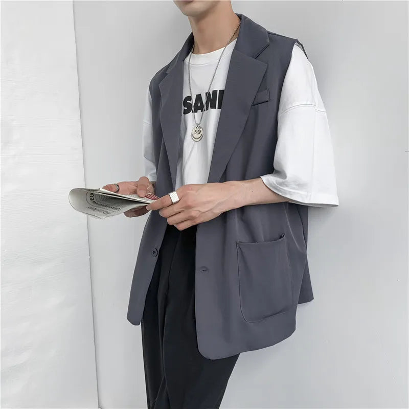 BONSIR  -  Korean fashion versatile men's loose suit collar vest hairdresser clothing BF style youth casual coat trend