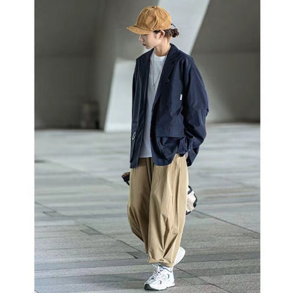 sanyamk Japanese Style Men's Street Retro Design Wide Leg Pants Loose Straight Neutral Work Casual Pants Baggy Kahki Color Trousers