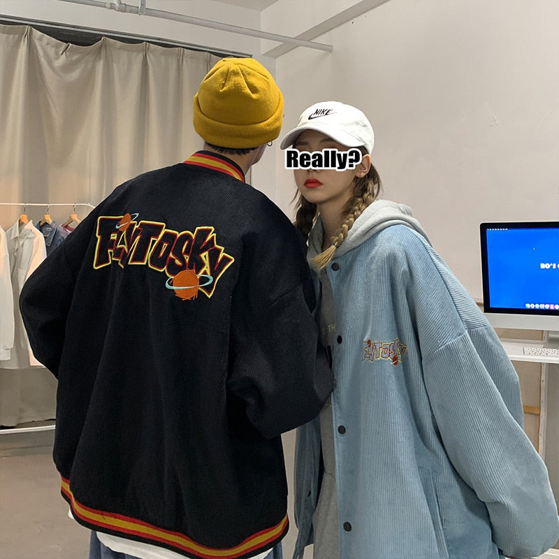 Bonsir Corduroy Embroidered Baseball suit men's fashion ins American single breasted couple loose jacket Vintage spring coat streetwear