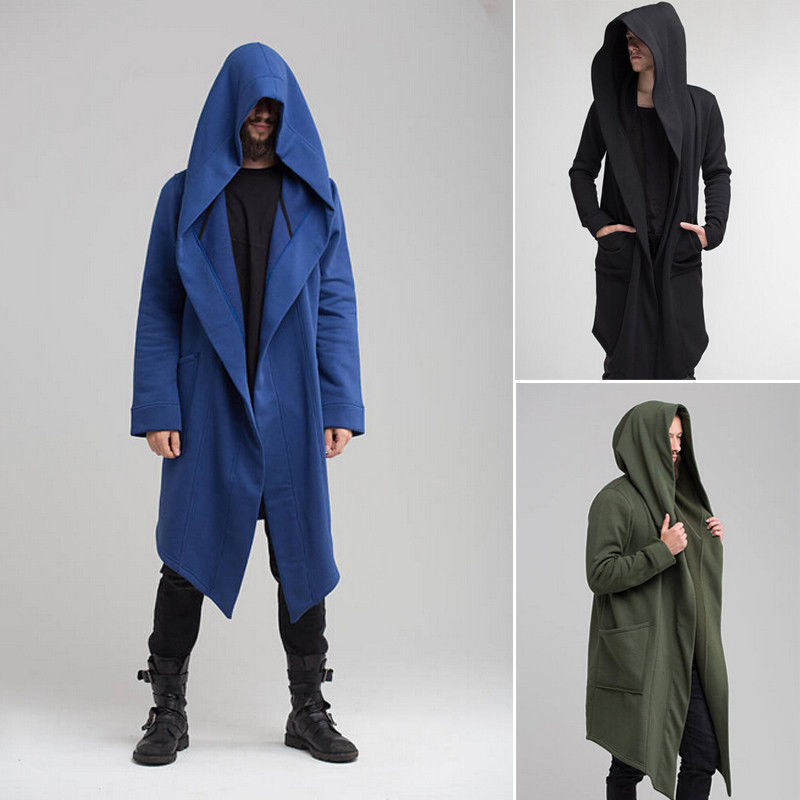 Hirigin New Men Winter Casual Hoodie Coat Solid Color Cardigan Cloak Coat Open Front Warm Long Outwear Autumn Winter