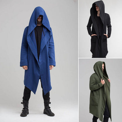 Hirigin New Men Winter Casual Hoodie Coat Solid Color Cardigan Cloak Coat Open Front Warm Long Outwear Autumn Winter