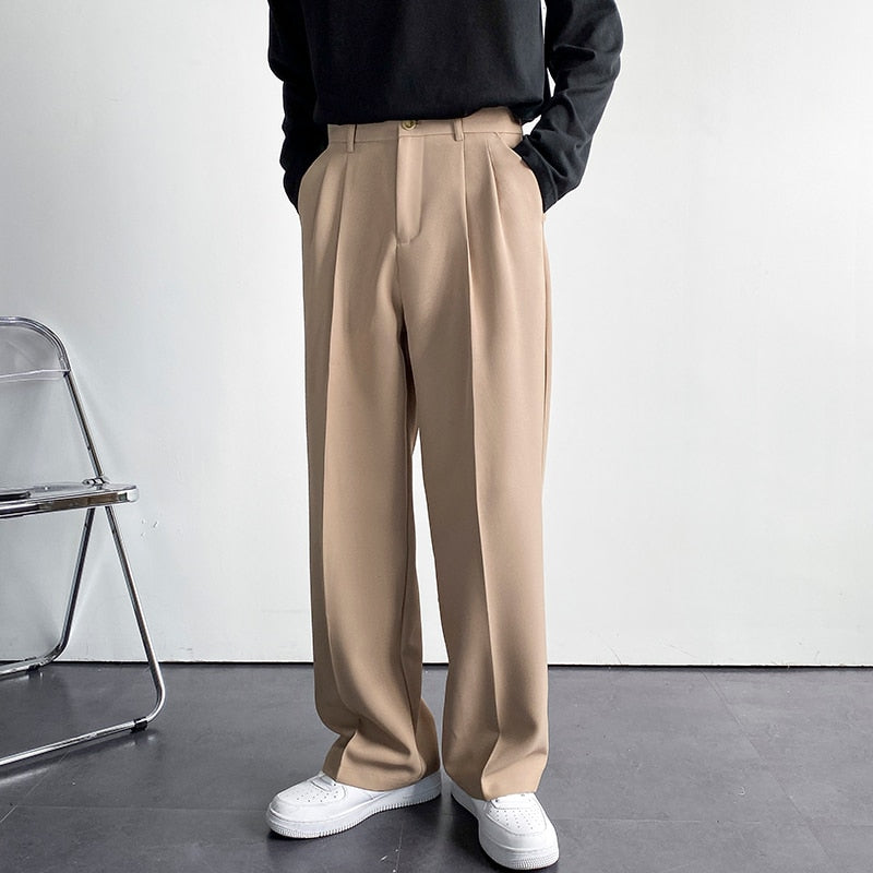 Bonsir Solid Color Formal Suit Pants Men Korean Fashion Loose Casual Pants Men Harajuku Streetwear Wide-leg Straight-leg Pants Men