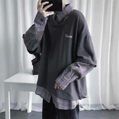 Bonsir Ins Fake Two-piece Tshirts Men's Spring Autumn Loose Plaid Shirt Lapel Long Sleeved T-shirt Student Unisex Casual Top Clothes