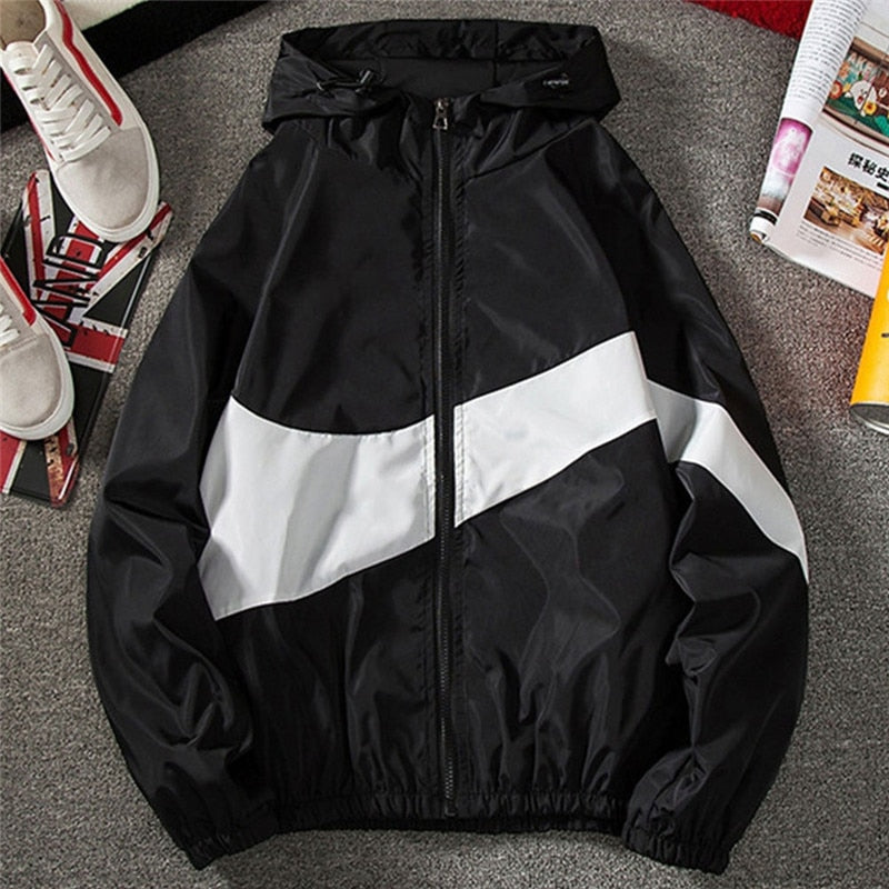 Men Spring Fall Thin Hoodies Coats Long Sleeves Color Block Zipper Hooded Sweatshirts Jacket Male Black /White/ Gray Outwear