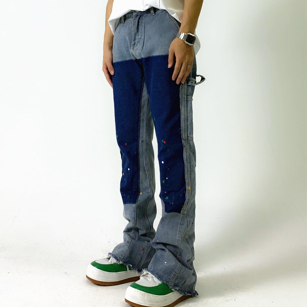 Bonsir High Street Inkjet Patchwork Blue Men Hip Hop Flares Jeans Pants Straight Retro Washed Distressed Denim Trousers Pantalon