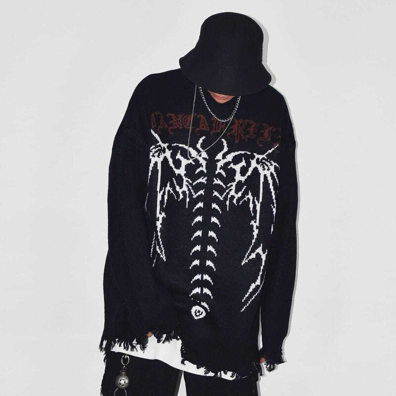 Bonsir Punk Gothic Wings Pattern Embroidery Destruction Style Oversized Sweater women Y2k Street Hip Hop Crew Neck Sweater Couple