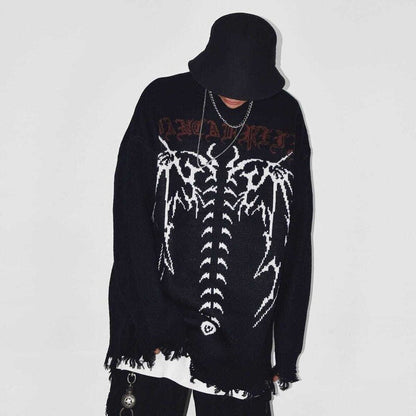 Bonsir Punk Gothic Wings Pattern Embroidery Destruction Style Oversized Sweater women Y2k Street Hip Hop Crew Neck Sweater Couple