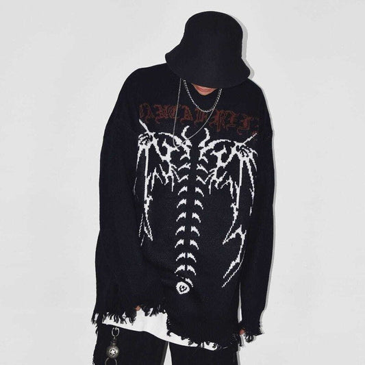 sanyamk Punk Gothic Wings Pattern Embroidery Destruction Style Oversized Sweater women Y2k Street Hip Hop Crew Neck Sweater Couple