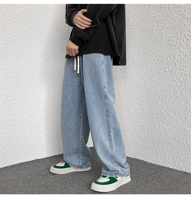 sanyamk Korean Fashion Men Wide Leg Jeans Spring Autumn New Streetwear Straight Baggy Denim Pants Male Elastic Waist Trousers 5XL-M