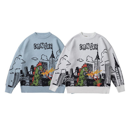 Bonsir Cartoon Youth Sweater Cute Fighting Dinosaurs Printing Autumn Winter Warm Comfortable Round Neck Pullovers Men Knitwear Coats