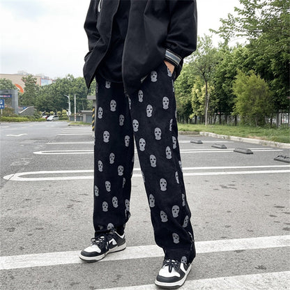 sanyamk Preppy Style Skull Full Print Drawstring Casual Corduroy Men Baggy Pants Hip Hop Straight Sweatpants Male Loose Trousers