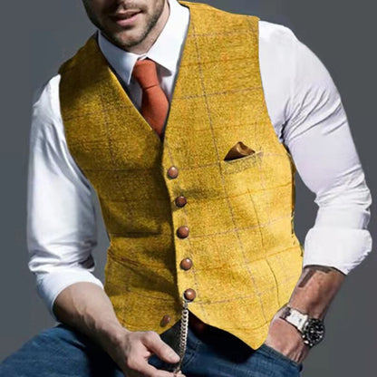 sanyamk Men's Suit Vest Single Breasted V-neck Lapel Mens Vest Plaid Print Waistcoat Jacket Slim Casual Formal Business Male Clothing