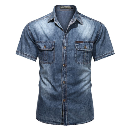 sanyamk New Mens Denim Shirts Short Sleeve Retro Light Blue Men Summer Shirt Jean Jacket Casual Buttons Tops Male Denim Shirt