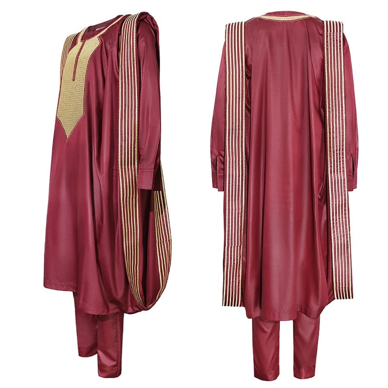 sanyamk H&amp;D African Agbada Suit For Men Embroidered Robes Dashiki Cover Shirt Pants 3 PCS Set Boubou Africain Homme Musulman Ensembles