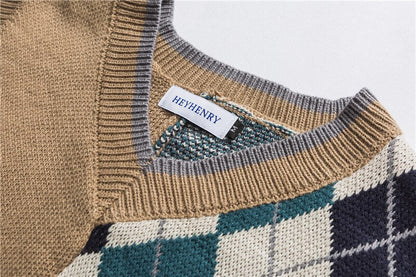 Bonsir Japanese Loose Couple Patchwork Argyle Sweater Vest Men's New Autumn Fashion Harajuku Letter Embroidery Man Pullover Vest