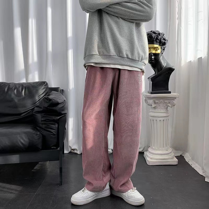 Bonsir Men's Dirty Pink Sweatpants Japanese Harajuku Street Trousers Corduroy Fabric Straight Pants Loose Casual Pants