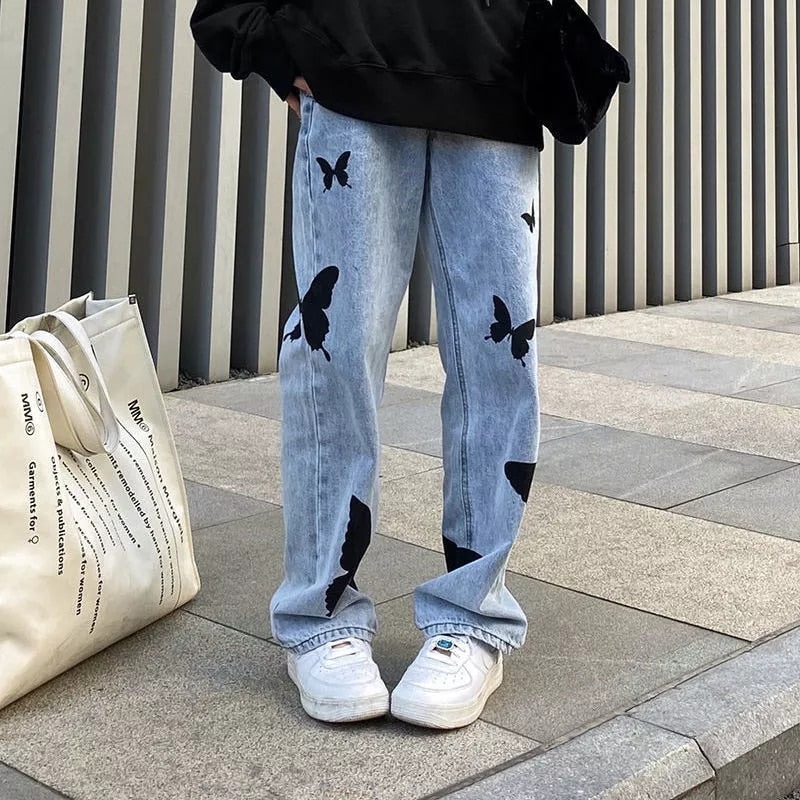 sanyamk American street clothing retro trend pocket jeans female letter star print high waist casual oversized straight pants women