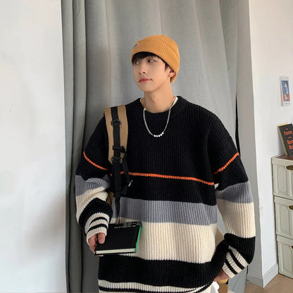 sanyamk Striped sweater men's autumn and winter fashion brand loose color matching sweater coat versatile lazy wind thickened round neck