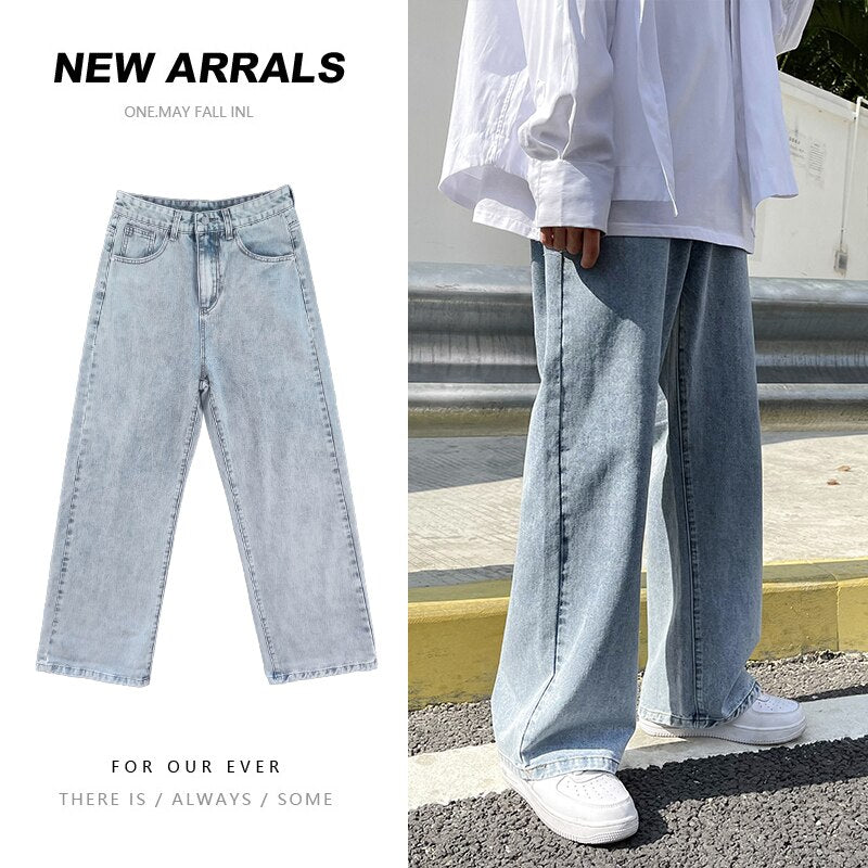 sanyamk Spring and Summer Thin Jeans Men's Korean Trend Versatile Straight Wide Leg Pants and Loose Light Color Floor Pants Jean