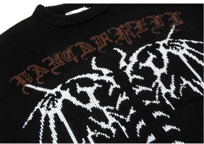 Bonsir Punk Gothic Wings Pattern Embroidery Destruction Style Oversized Sweater women Y2k Street Hip Hop Crew Neck Sweater Couple