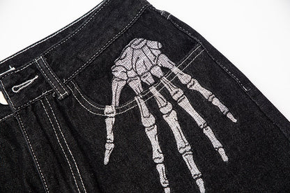 sanyamk Retro Skull Hand Bone Embroidery Washed Mens Jeans Pants Vibe Style Straight Casual Oversize Denin Trousers Streetwear