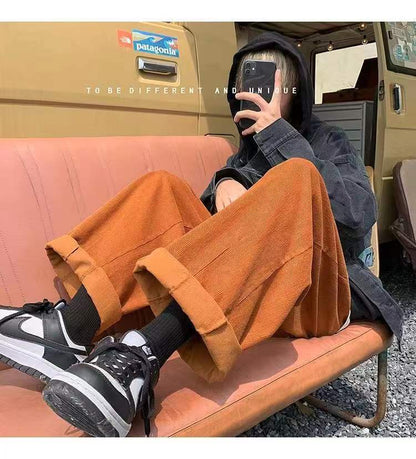 sanyamk Men's Retro Corduroy Fabric Casual Pants Loose Fashion Trend Wide Leg Pants Solid Color High-quality Trousers Size M-3XL