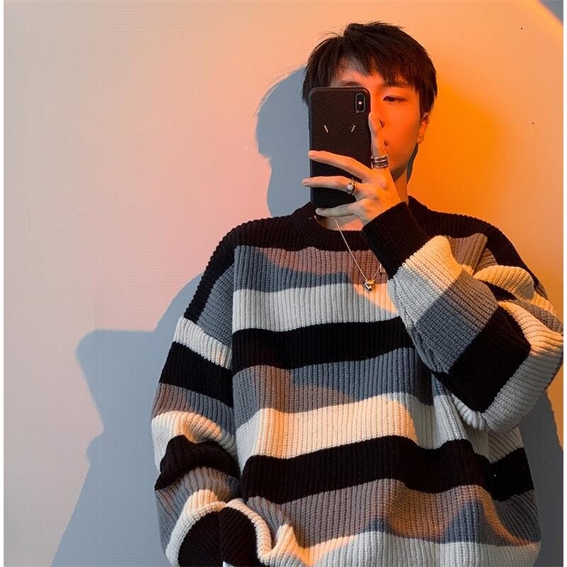 Bonsir Autumn Winter New Hong Kong Contrast Color Striped Round Neck Sweater Men's Loose Couple Bottoming Knit Sweater Soft Pullovers