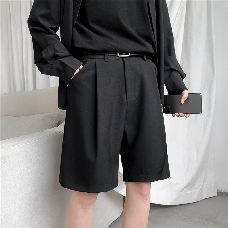 sanyamk Summer Men Shorts Straight Fit Knee-Length Short Suit Pant Solid Beige Black Summer Clothing Student Thin Casual Shorts Man