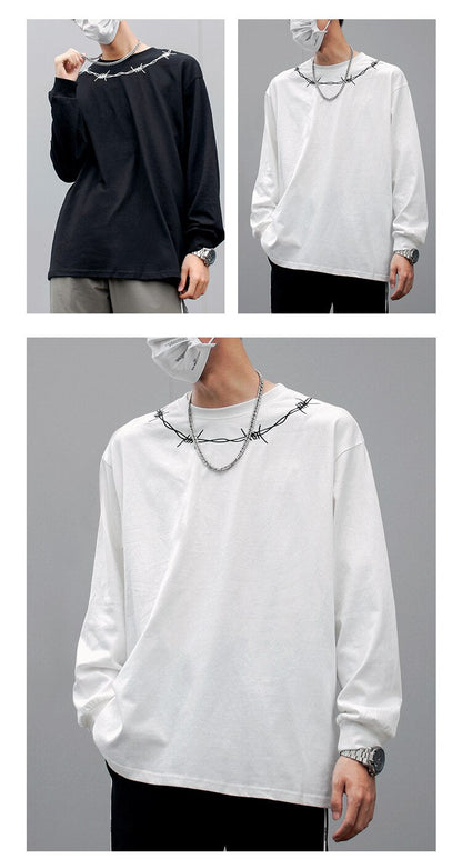 Bonsir 8809 MaleTshirt Chic Streetwear Hip Hop Neck Thorns Embroidery Letter Printing Long-Sleeved T-Shirt Male Brand Pullovers Tops