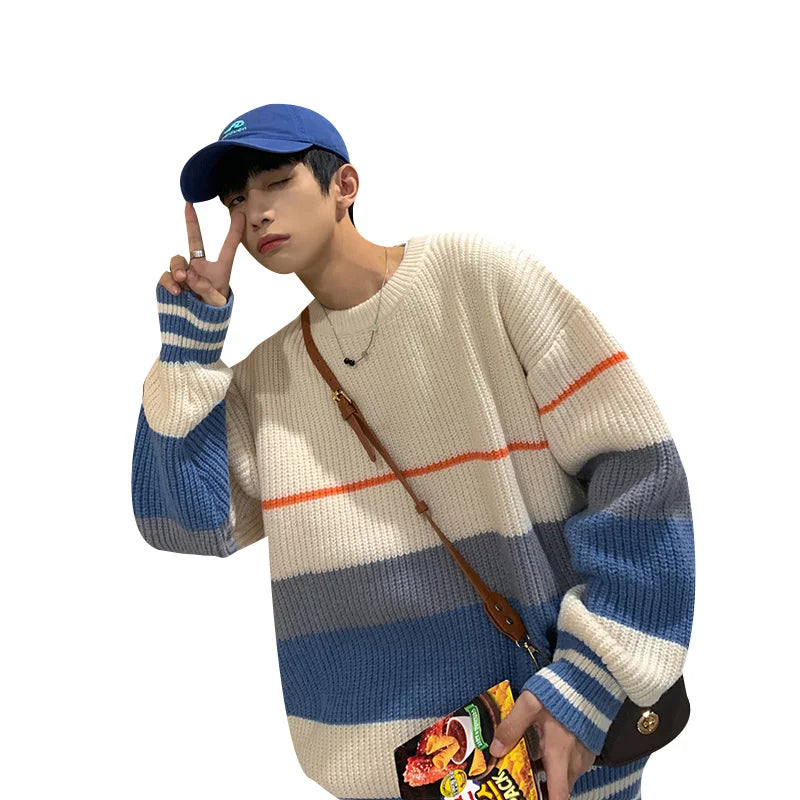 sanyamk Striped sweater men's autumn and winter fashion brand loose color matching sweater coat versatile lazy wind thickened round neck