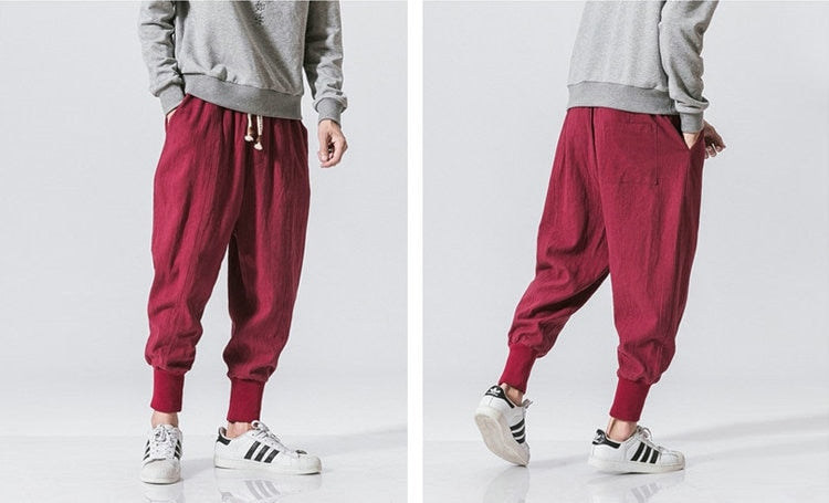 Bonsir Cotton Linen Harem Pants Men Solid Elastic Waist Streetwear Joggers New Baggy Drop-crotch Pants Casual Trousers Men