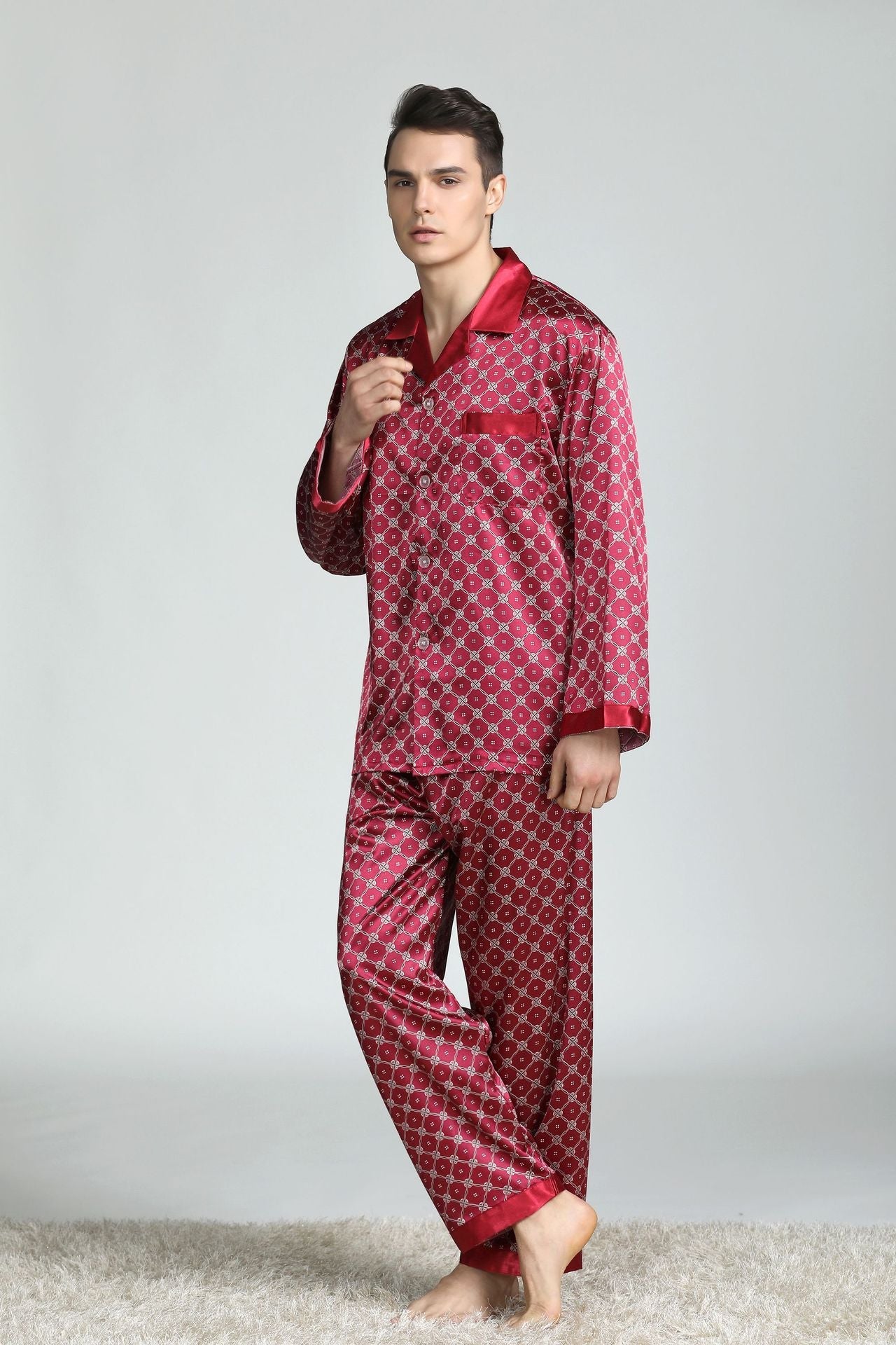 sanyamk Silk Pajamas for Men Sleepwear V-collar Cozy Soft  long sleeve nightgown Tops + Trousers Two Pieces Mens Pajama Set Pajamas Men