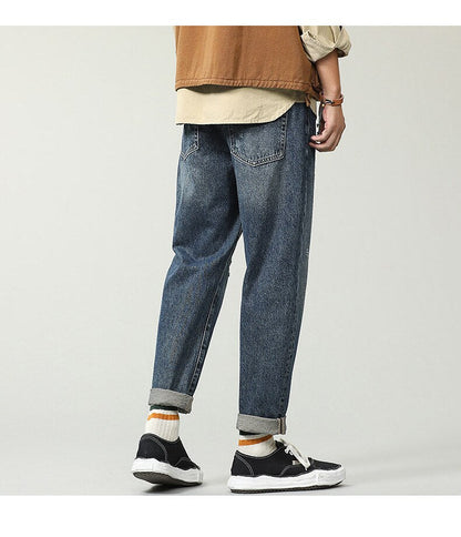 sanyamk Vintage Patch Jeans Autumn Casual Men Denim Pants Personality Trendy High Street Hip Hop Japan Style Loose Ankle-Length Trousers