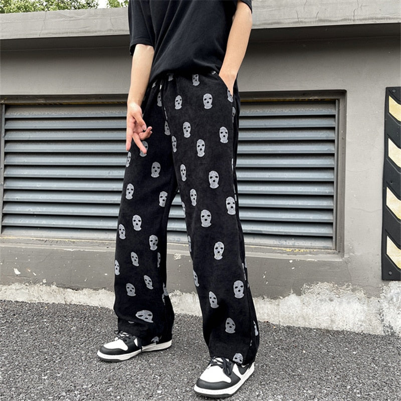 sanyamk Preppy Style Skull Full Print Drawstring Casual Corduroy Men Baggy Pants Hip Hop Straight Sweatpants Male Loose Trousers