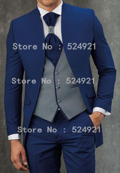 sanyamk New Arrival Men Suits White and Blue Groom Tuxedos Peak Lapel Groomsmen Wedding Best Man ( Jacket+Pants+Vest+Tie ) C713