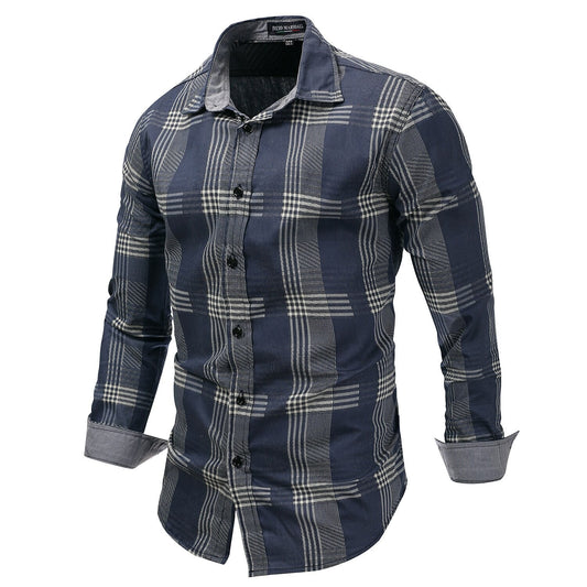 sanyamk New Men's Denim Shirt Plus Size Denim Long-Sleeved Plaid Shirt Washed Denim Casual Color Matching Loose Shirt for Male